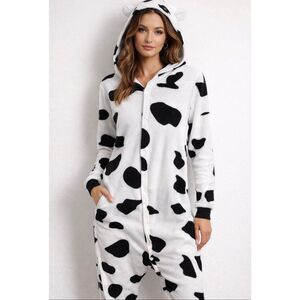 Rare Funziez! Cow Print Fleece Onesie Pajama Hood Soft Cozy Lounge Wear Size M